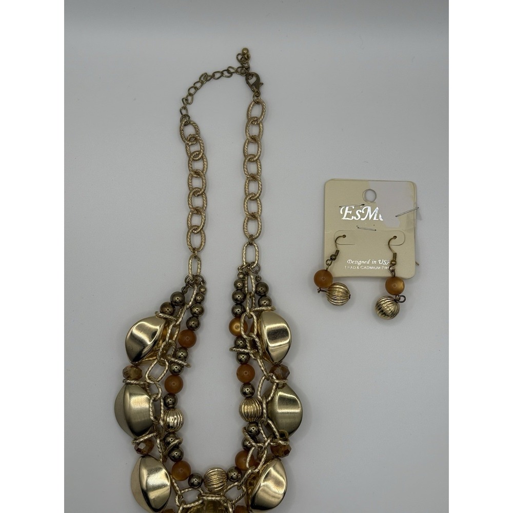 Esmor Necklace And Earring Gold Bead Multi Strand